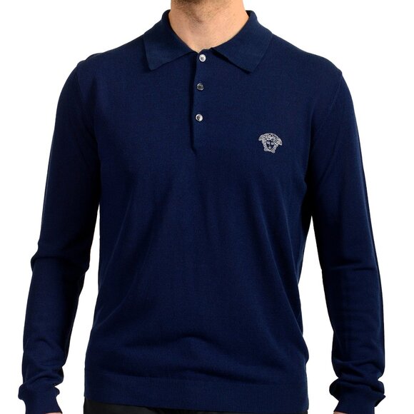 Versace Men's Blue Medusa Piquet Embroidery Knit L/S Polo Shirt US M IT 50